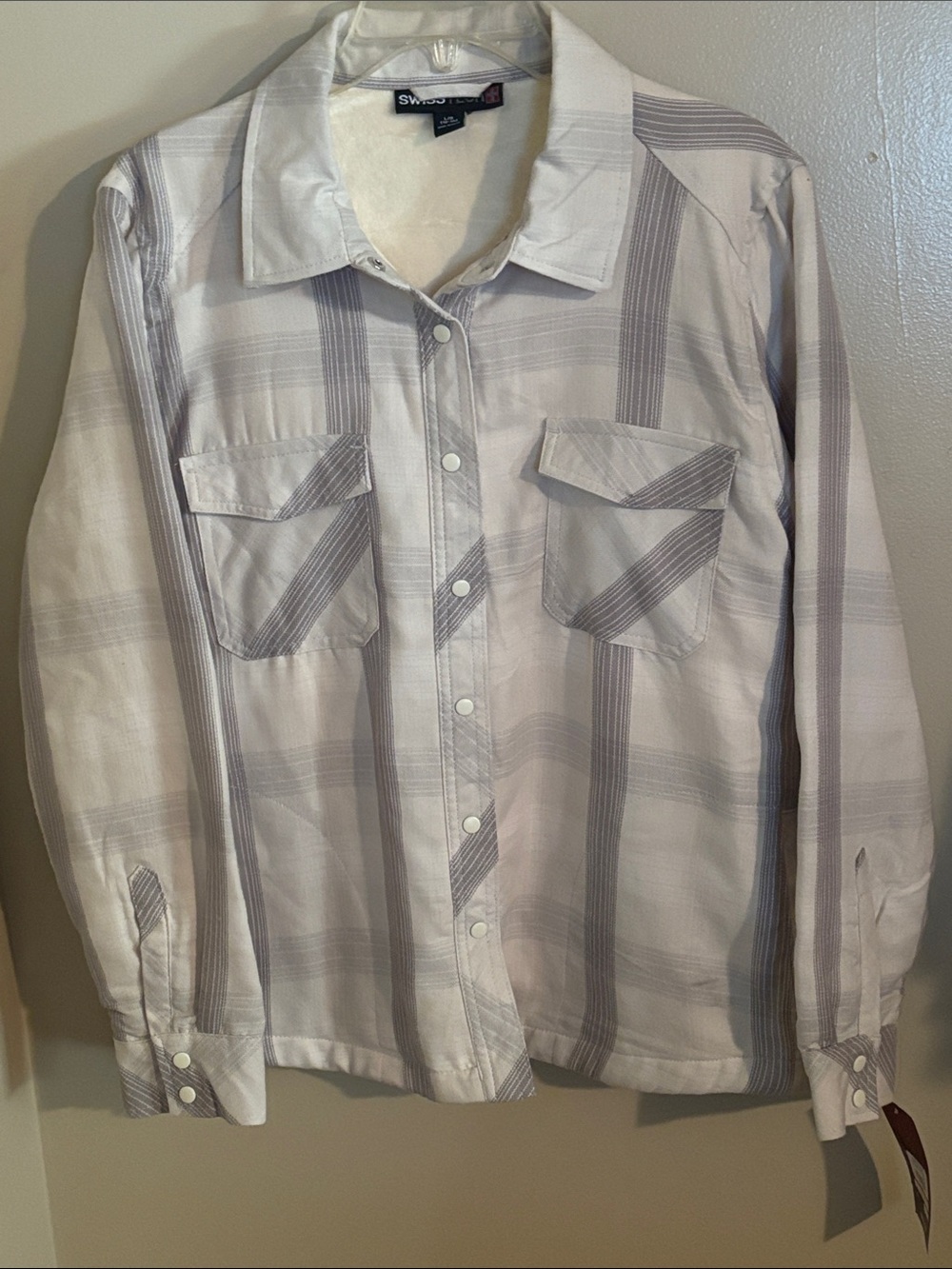 SWISS TECH Womens White & Light Gray Plaid Snap-Front Shirt Jacket (Shacket)